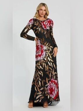 Mac Duggal Black Sequin Maxi Dress with Red and Pink Floral Embellishments